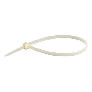 Amarra cable blanca nylon 100x2.5 mm vista lateral mostrando cierre dentado y resistencia mecánica