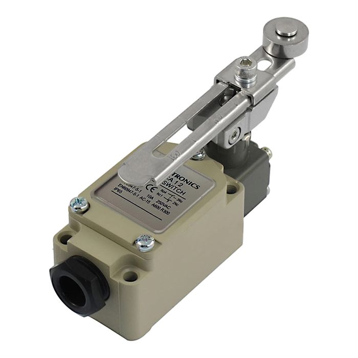 interruptor-limite-final-de-carrera-wlca-12-4 Interruptor de fin de carrera WLCA-12 vista lateral mostrando palanca metálica y carcasa protectora