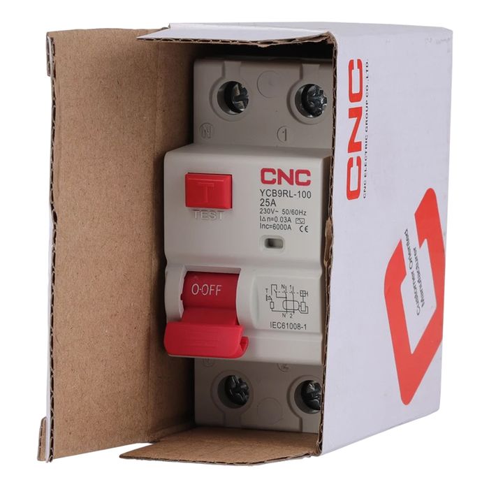 interruptor-diferencial-cnc-2polos-25a (5) Interruptor diferencial CNC 2 polos 25A vista lateral mostrando palanca de accionamiento y carcasa protectora