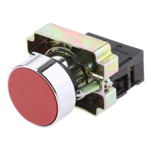 Pulsador metálico rasante rojo LAY5-BA42 1NC para control eléctrico en tableros industriales y maquinaria