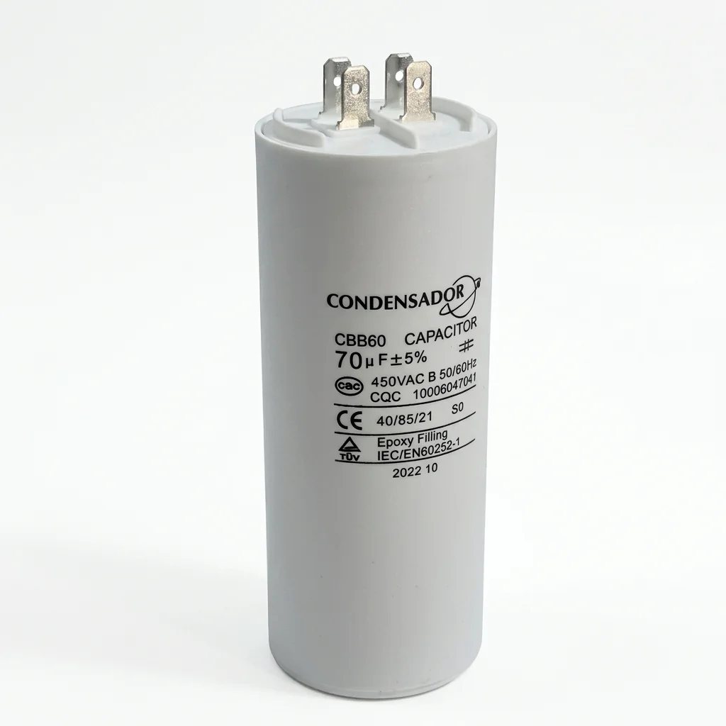 Condensador de marcha CBB60 de 70 µF y 450 V CA, cuerpo cilíndrico blanco con cuatro lengüetas superiores