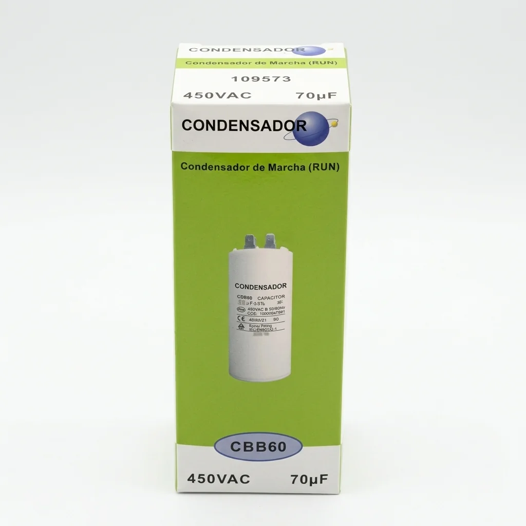 Envase del condensador de marcha CBB60 de 70 µF y 450 V CA, con código 109573