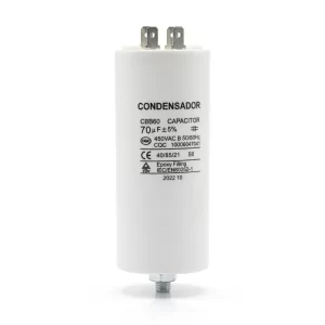 Condensador de Marcha 70uF 450VAC CBB60 Perno M8 y Terminal Faston Macho