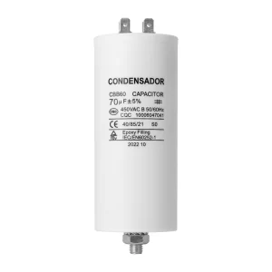 Condensador de Marcha 70uF 450VAC CBB60 Perno M8 y Terminal Faston Macho