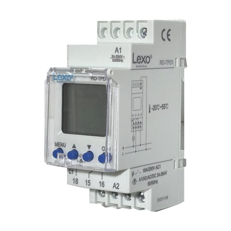 Reloj programable digital LEXO RD-TPD1, vista frontal con pantalla y pulsadores