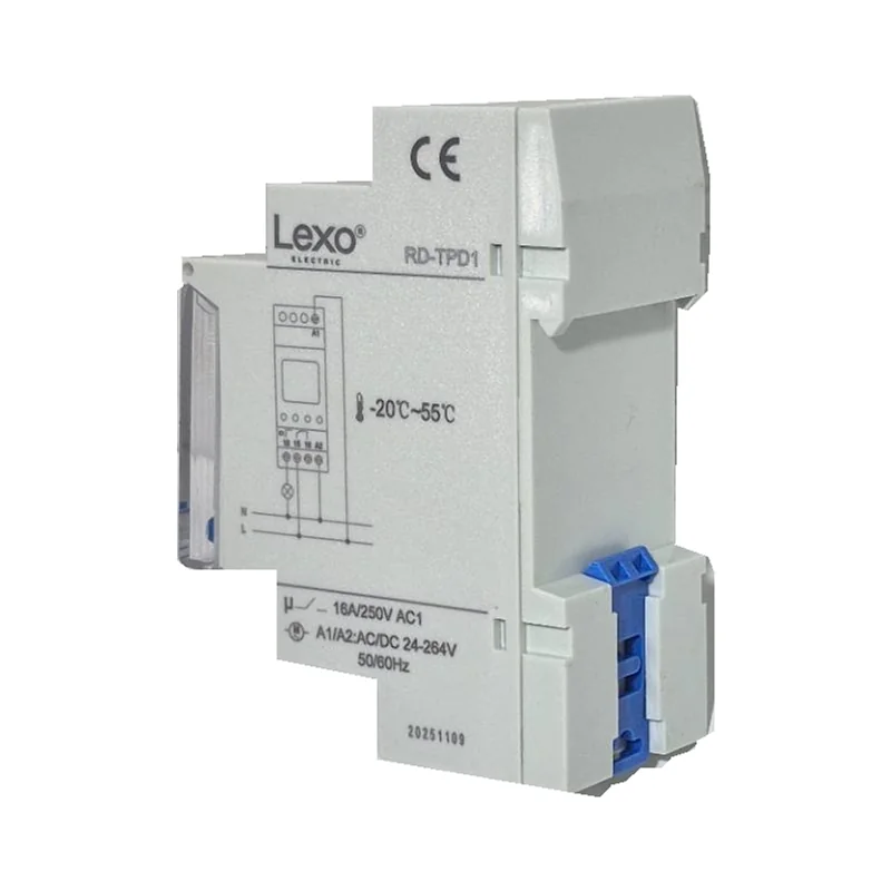Vista lateral del relé programable LEXO RD-TPD1 con etiqueta eléctrica