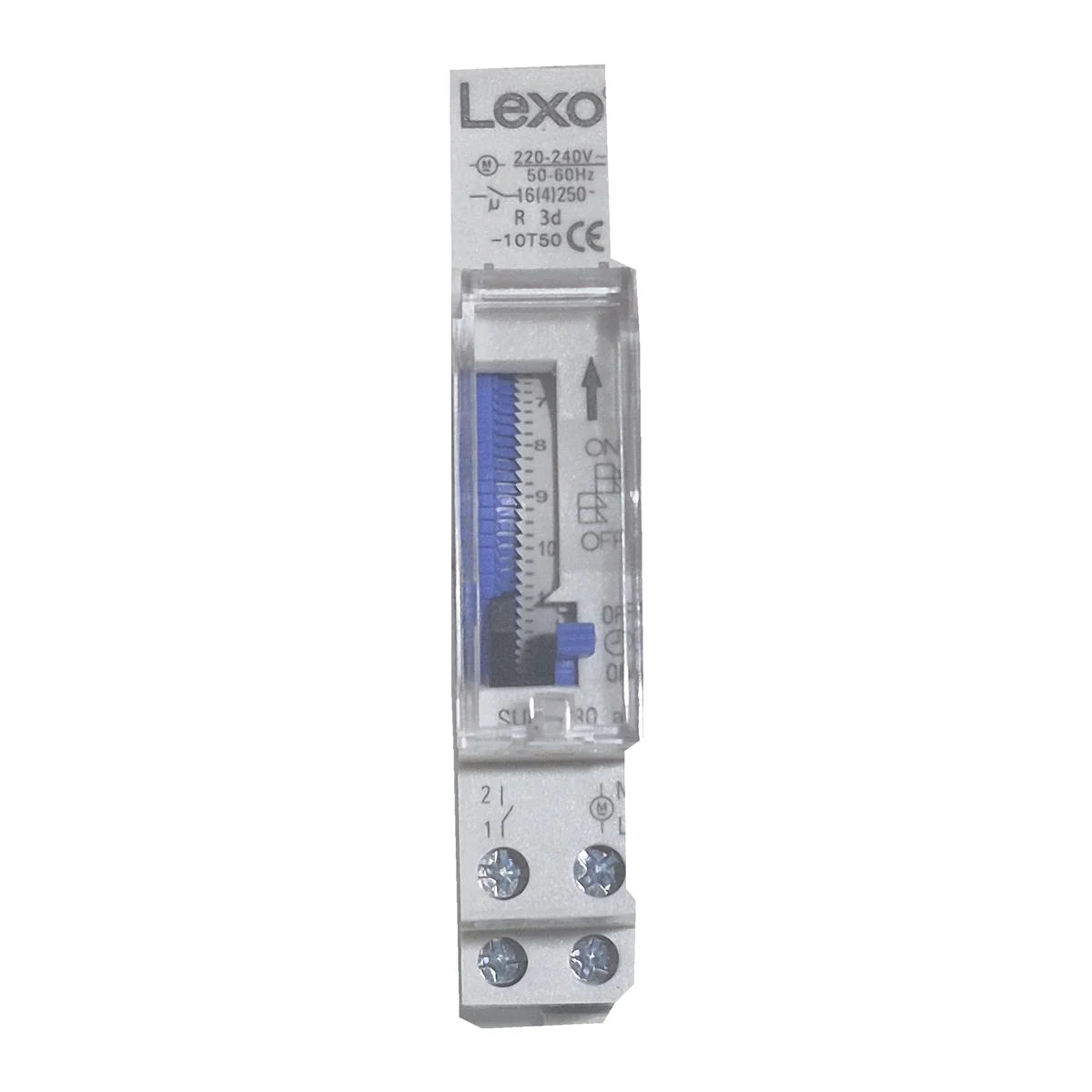 Vista frontal del timer LEXO SUL180A con segmentos de programación, selector manual y bornes